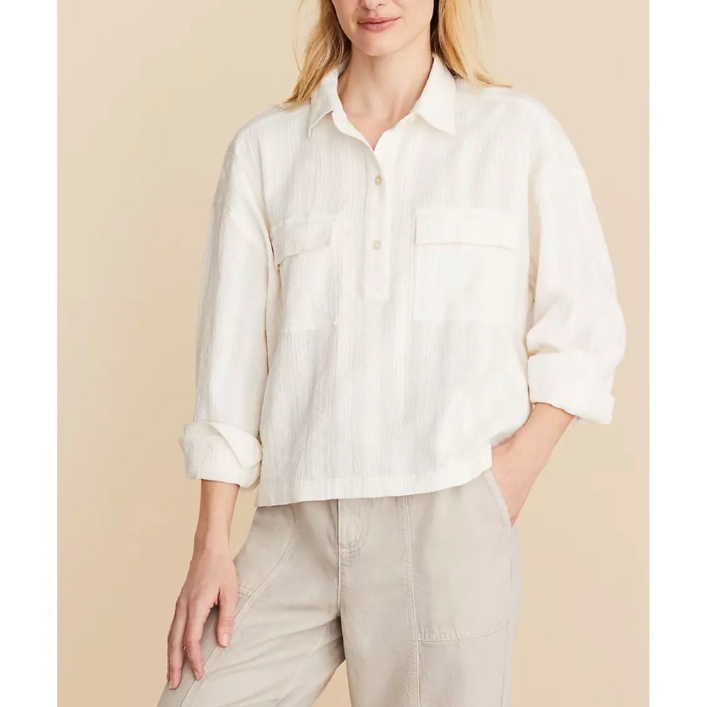 Lou & Grey Seersucker Button Down Shirt Womens Small White Good Textured Cotton